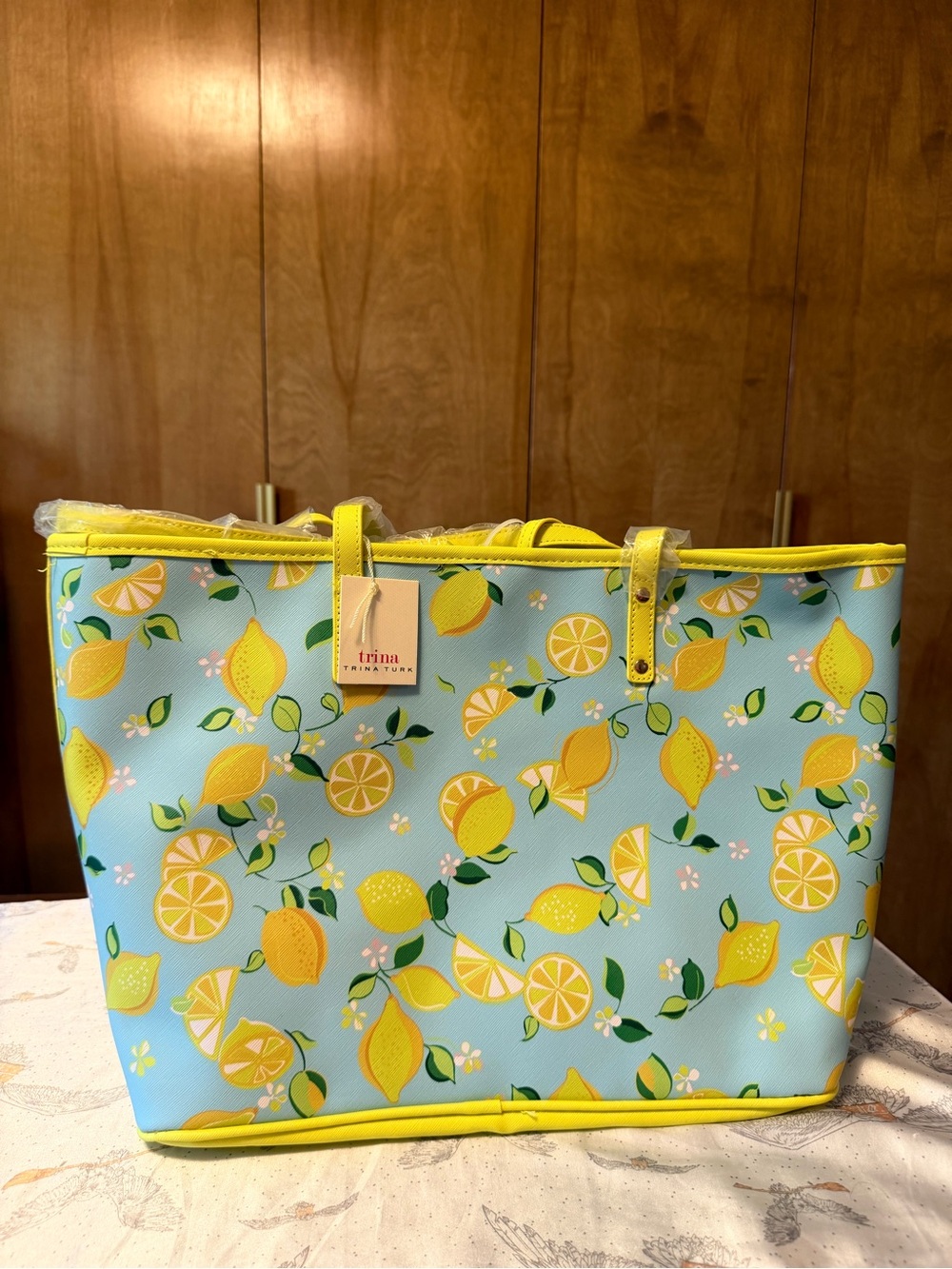 Trina Turk Yellow & Light Blue Lemon Print Tote